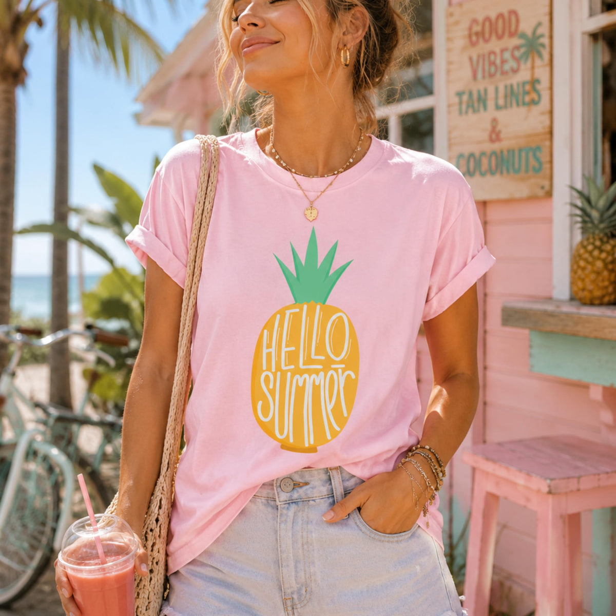 World and Space Summer Vacation Shirt, Cute Pineapple Graphic Tee, Tropical Beach Theme, Minimalist Style