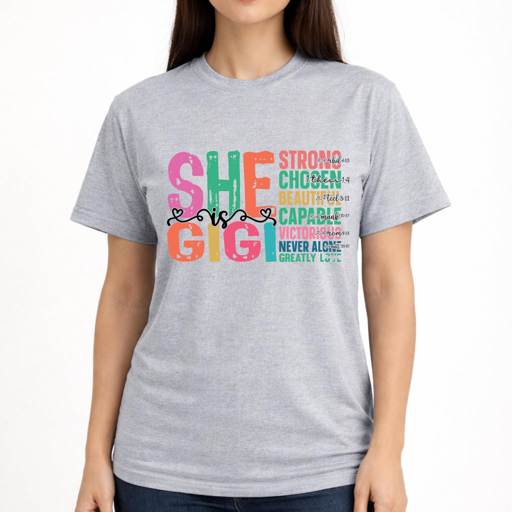 She is Gigi T-Shirt for Women, Christian Grandma Shirt, Faith Based Graphic Tee, Inspirational Bible Verse, Religious Gift