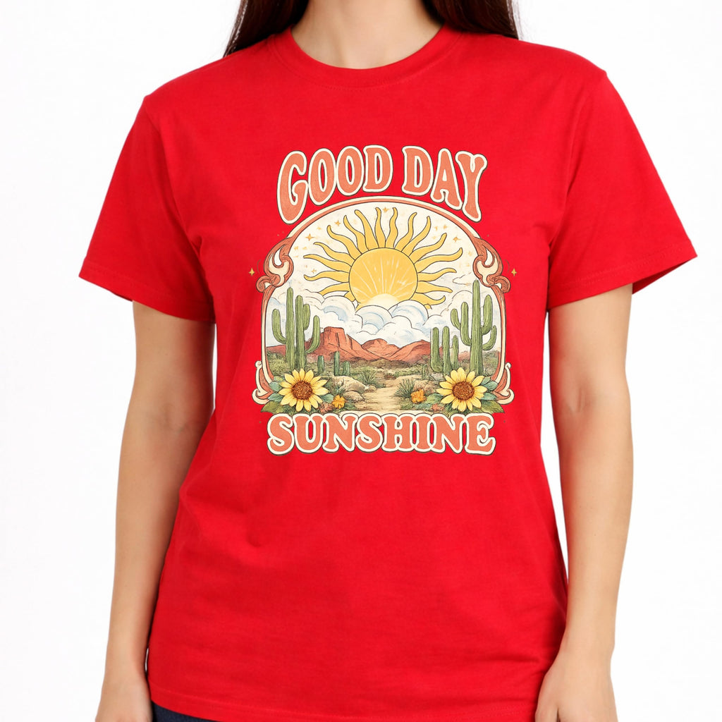 Good Day Sunshine Graphic T-Shirt for Women, Soft Cotton, Vintage Boho Desert Sun Cactus Floral Design, Summer