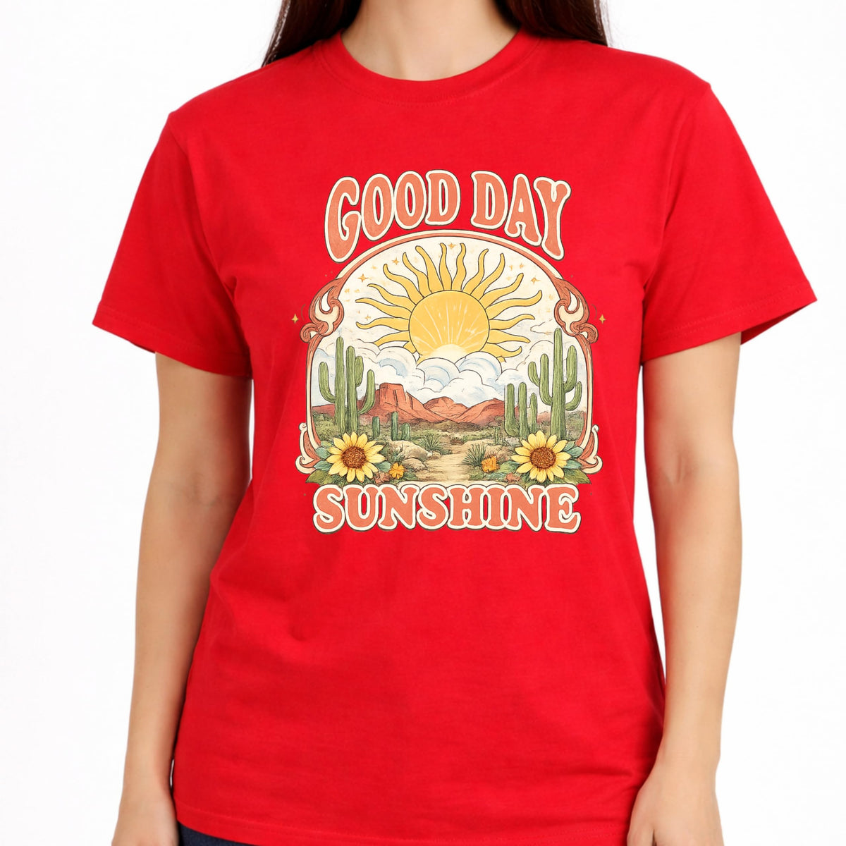 Good Day Sunshine Graphic T-Shirt for Women, Soft Cotton, Vintage Boho Desert Sun Cactus Floral Design, Summer