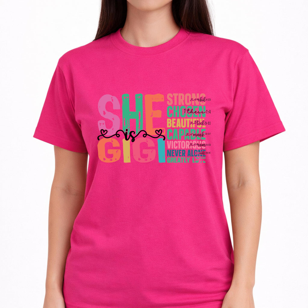 She is Gigi T-Shirt for Women, Christian Grandma Shirt, Faith Based Graphic Tee, Inspirational Bible Verse, Religious Gift