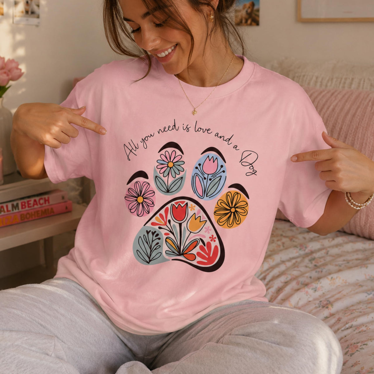 Dog Mom Shirt for Women, Cute Floral Paw Print Graphic Tee, Aesthetic Dog Lover T-Shirt, Casual Pet Mom Gift