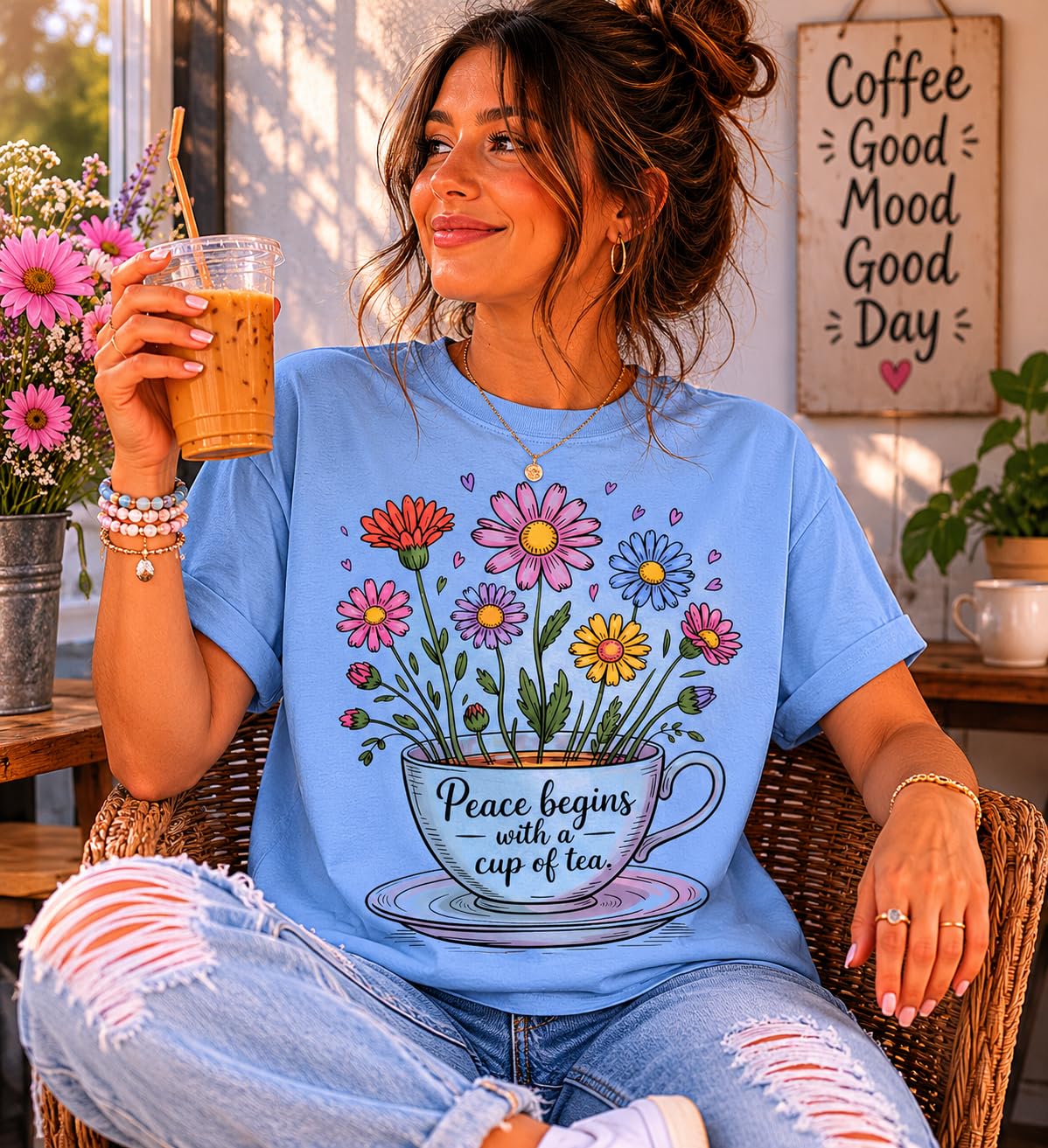 Tea Lover Graphic T-Shirt, Peace Begins with a Cup of Tea Floral Quote Tee