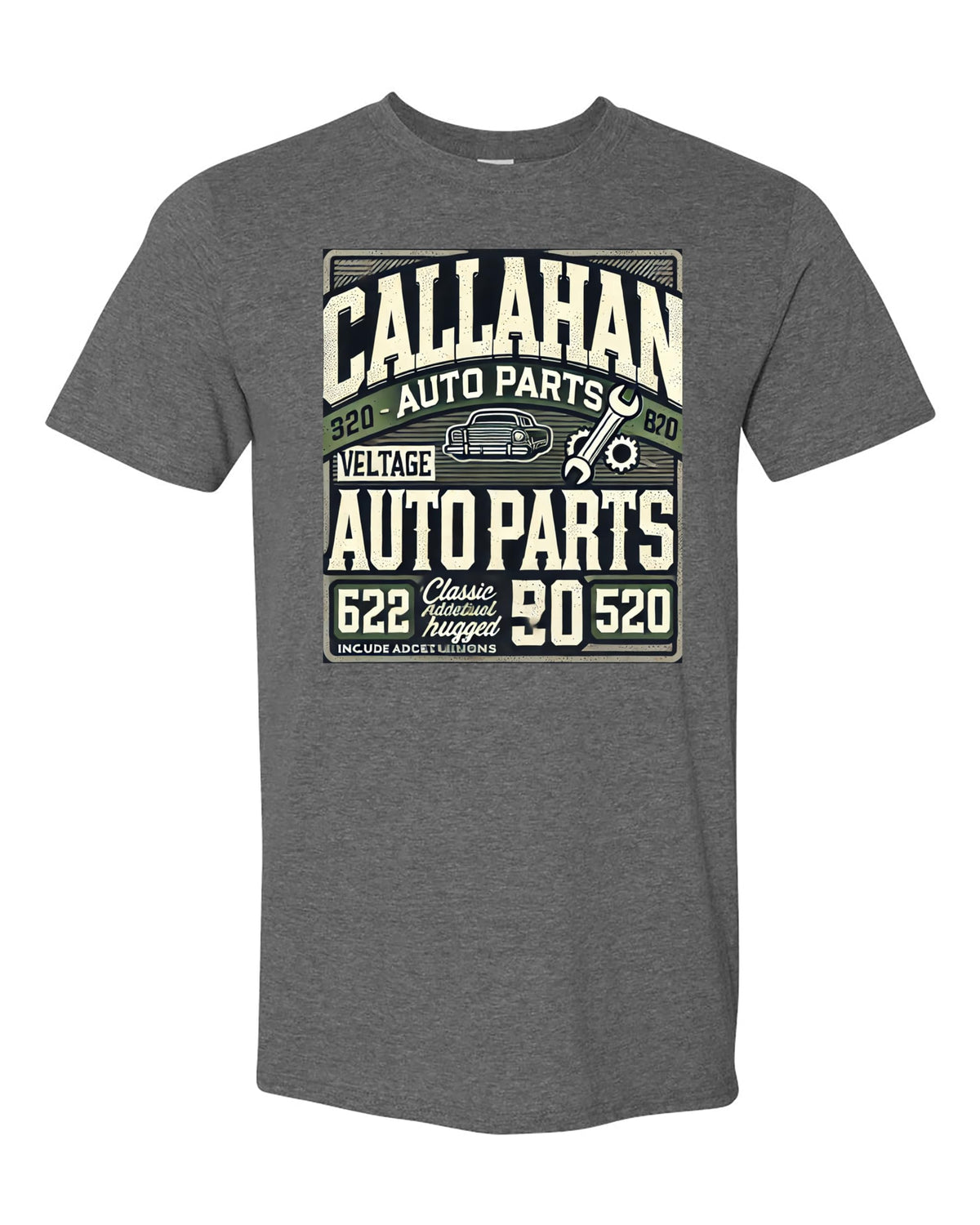 Vintage Callahan Auto Parts T-Shirt, Retro Car Enthusiast Graphic Tee, Classic Dark Green and White Design