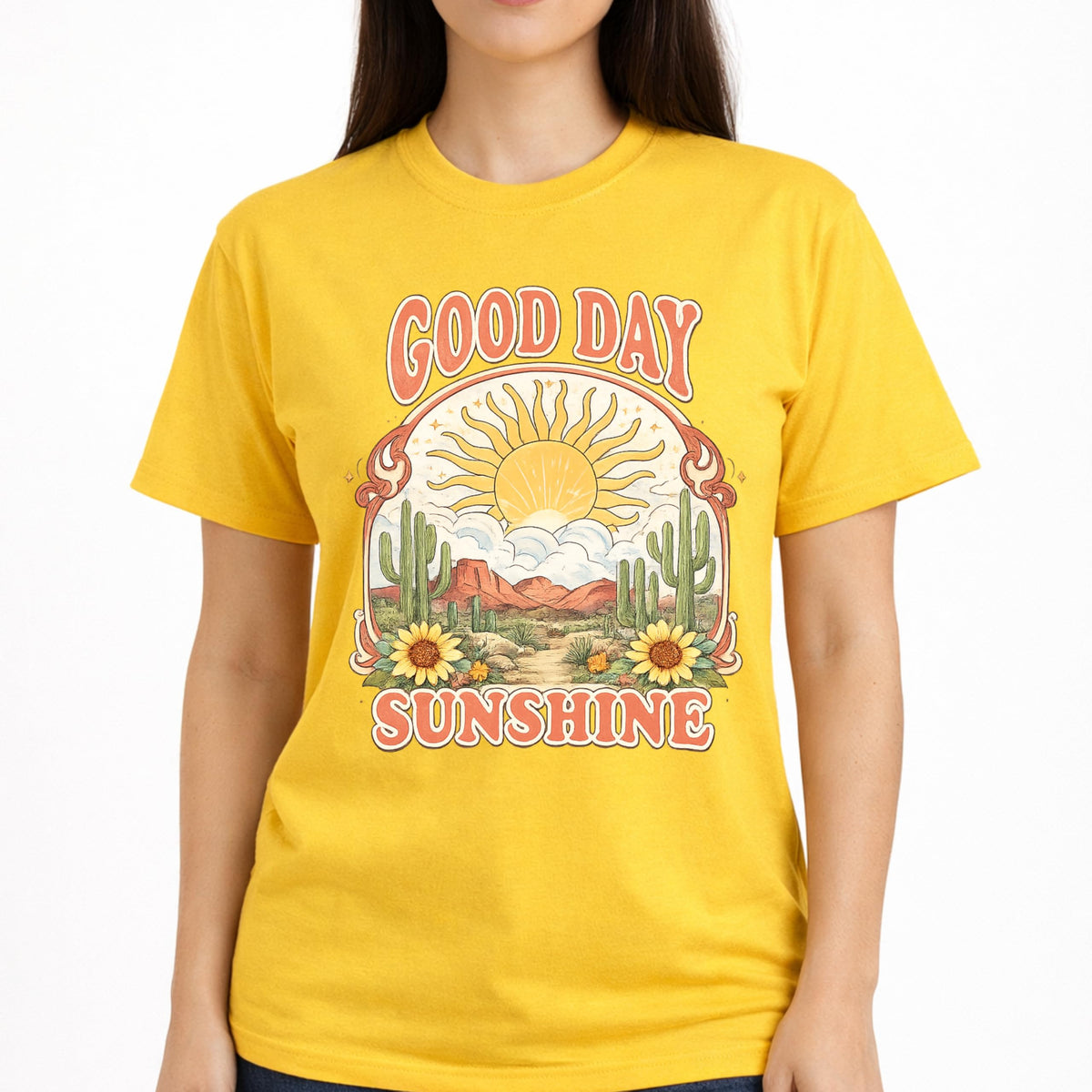 Good Day Sunshine Graphic T-Shirt for Women, Soft Cotton, Vintage Boho Desert Sun Cactus Floral Design, Summer