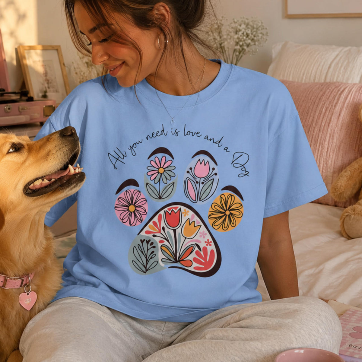 Dog Mom Shirt for Women, Cute Floral Paw Print Graphic Tee, Aesthetic Dog Lover T-Shirt, Casual Pet Mom Gift
