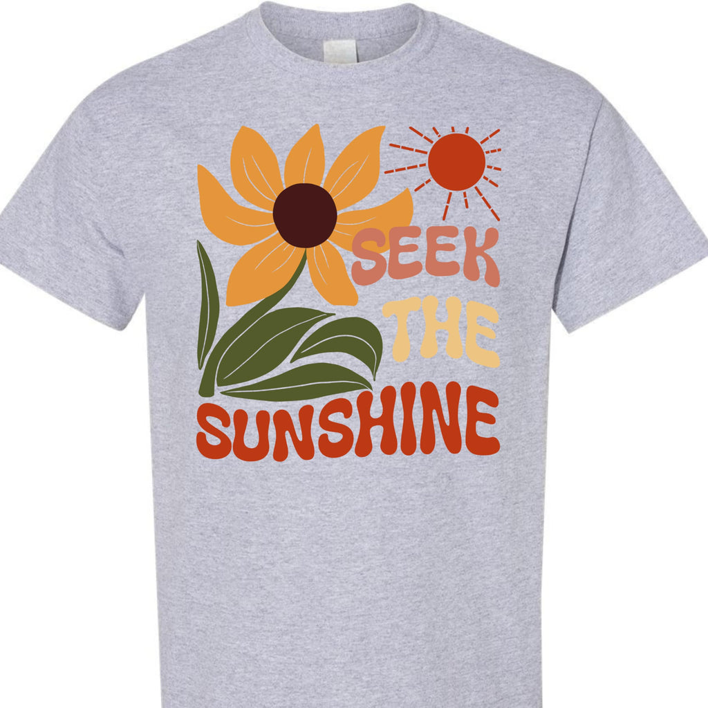 Seek The Sunshine Positive Quote Sunflower Graphic Tee for Women, Cute Floral T-Shirt