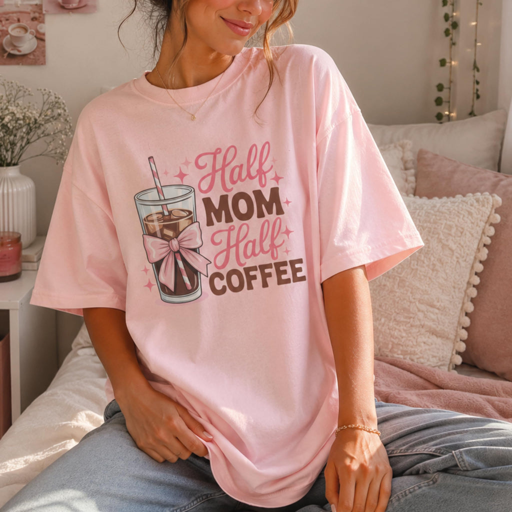 Half Mom Half Coffee Graphic Tee for Women, Funny Mom Life Shirt, Cute Pink Bow Caffeine Quote, Iced Coffee Mama T-Shirt