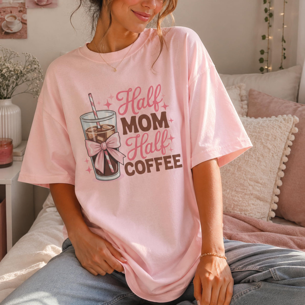 Half Mom Half Coffee Graphic Tee for Women, Funny Mom Life Shirt, Cute Pink Bow Caffeine Quote, Iced Coffee Mama T-Shirt