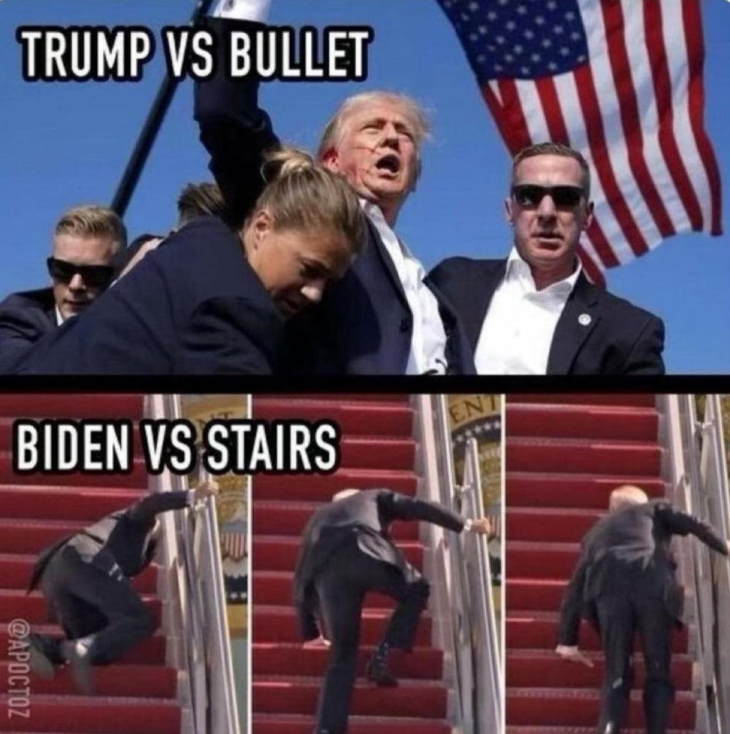 Funny Political Meme T-Shirt - Trump vs Bullet and Biden vs Stairs - Hilarious Graphic Tee for Men and Women