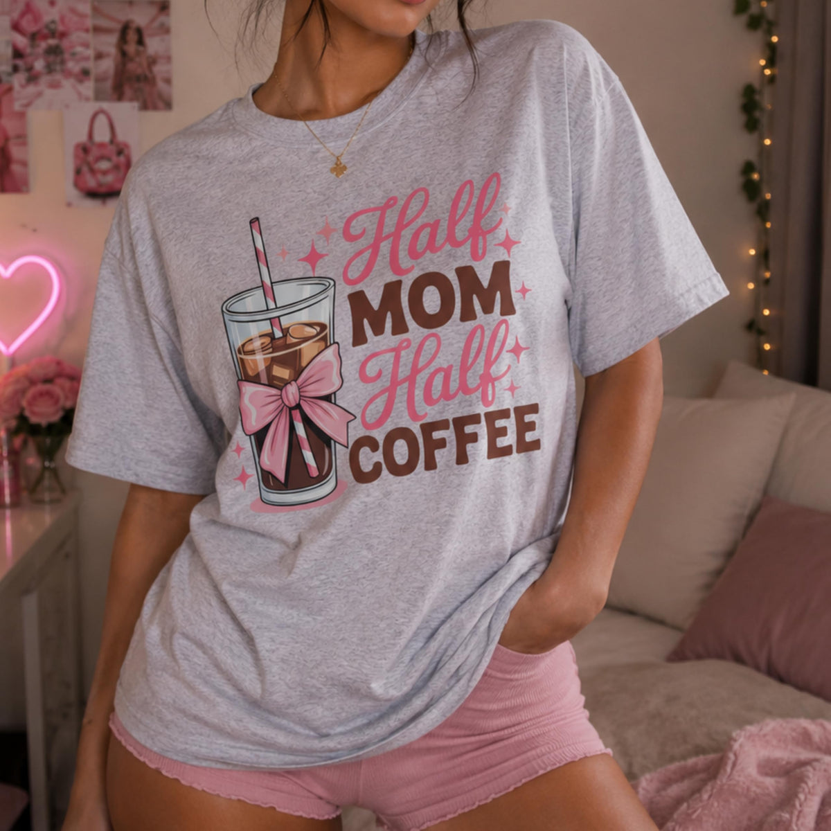 Half Mom Half Coffee Graphic Tee for Women, Funny Mom Life Shirt, Cute Pink Bow Caffeine Quote, Iced Coffee Mama T-Shirt