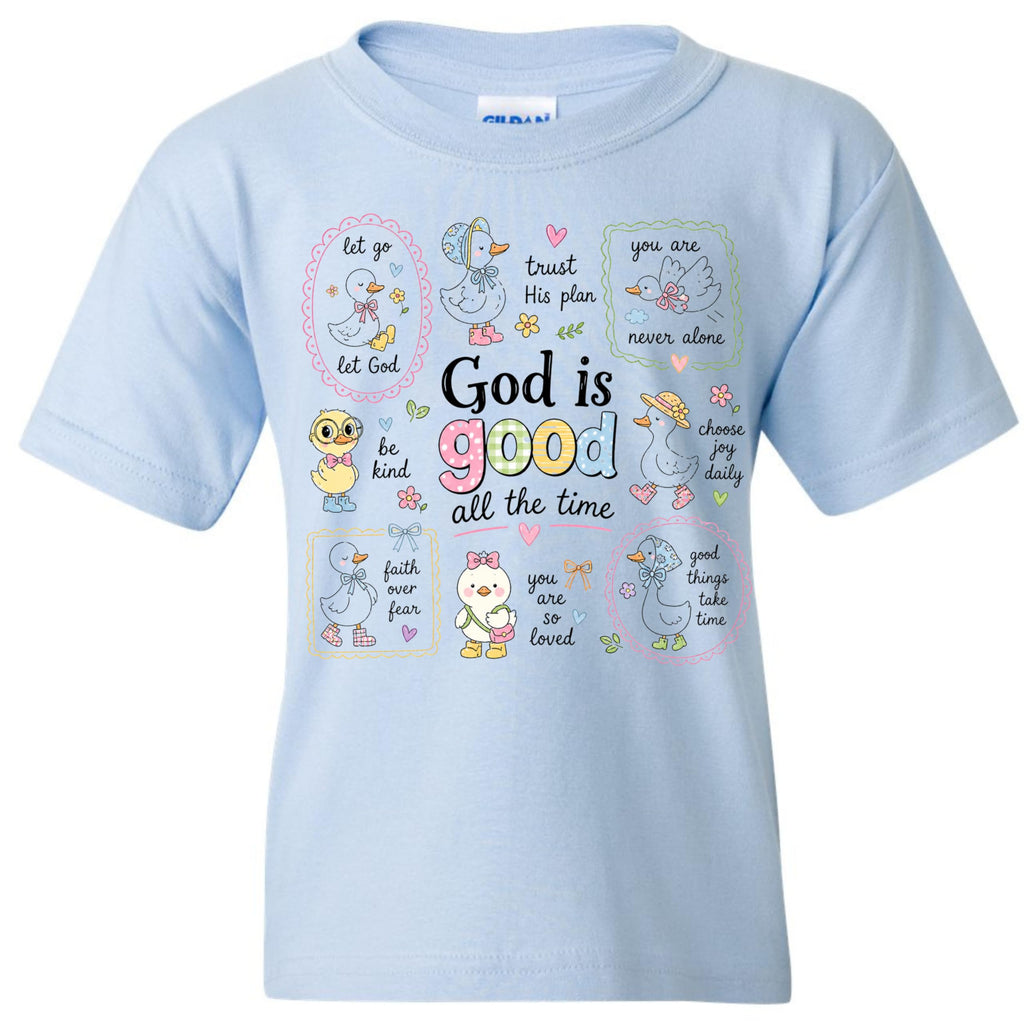God is Good All The Time Shirt for Girls, Christian Graphic Tee, Faith Based Kids T-Shirt, Cute Duck Graphic