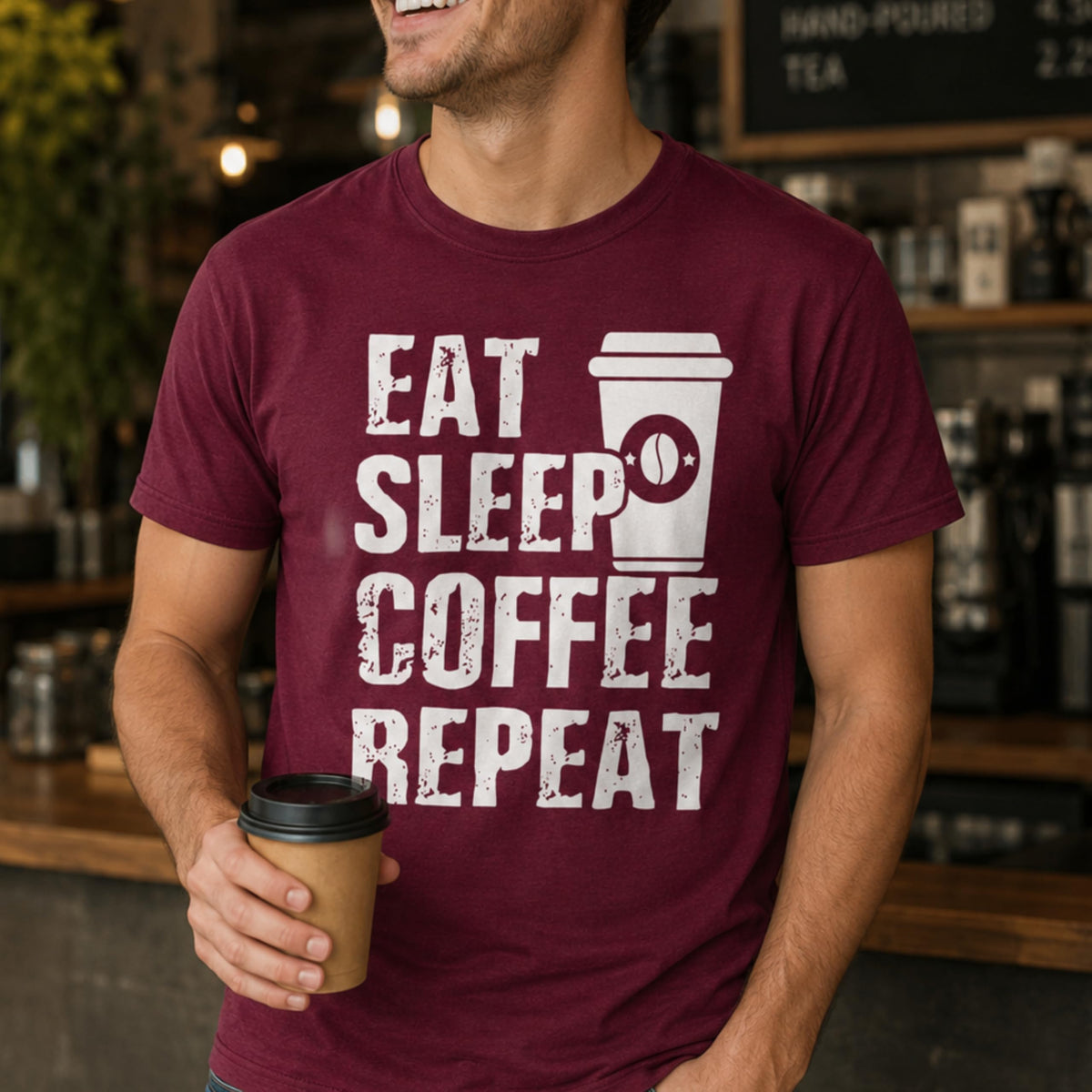 Eat Sleep Coffee Repeat Graphic Tee, Funny Caffeine Addict Quote Shirt for Women and Men, Trendy Barista Coffee Lover Gift