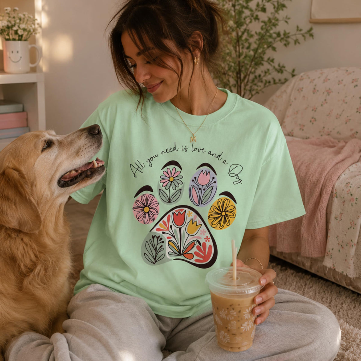 Dog Mom Shirt for Women, Cute Floral Paw Print Graphic Tee, Aesthetic Dog Lover T-Shirt, Casual Pet Mom Gift