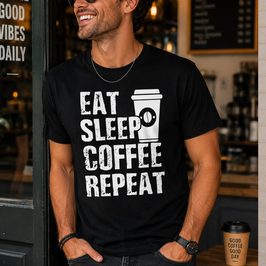 Eat Sleep Coffee Repeat Graphic Tee, Funny Caffeine Addict Quote Shirt for Women and Men, Trendy Barista Coffee Lover Gift