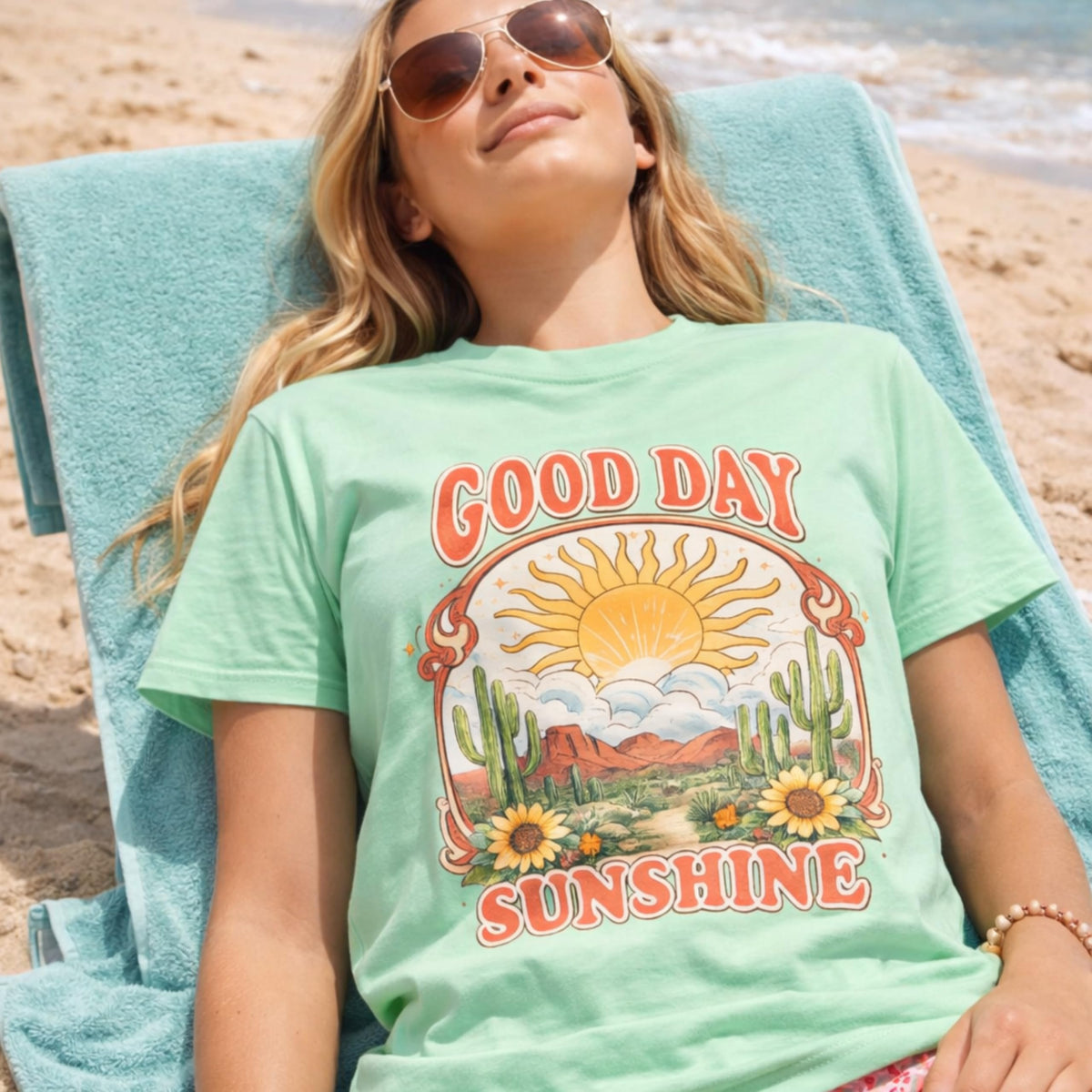 Good Day Sunshine Graphic T-Shirt for Women, Soft Cotton, Vintage Boho Desert Sun Cactus Floral Design, Summer
