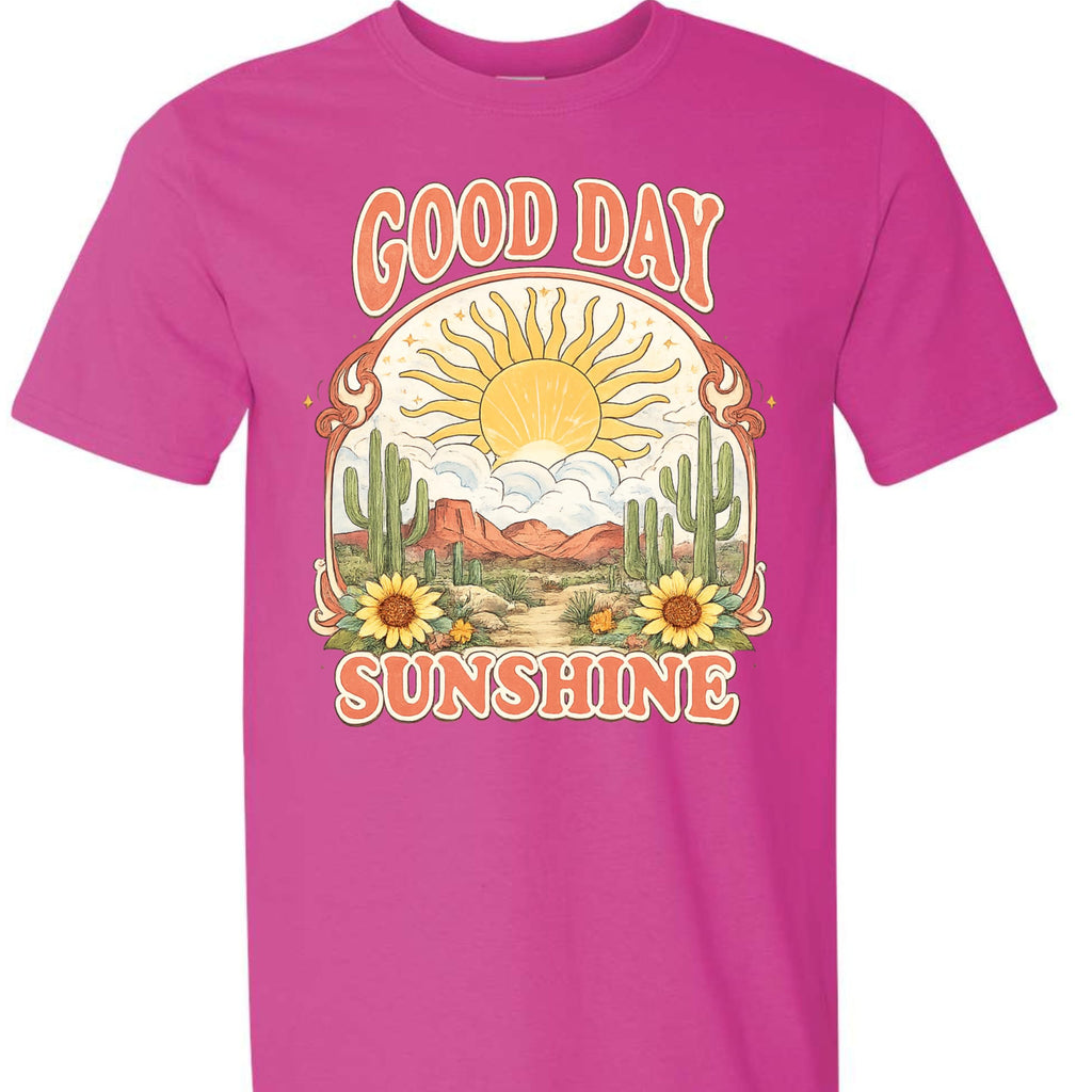 Good Day Sunshine Graphic T-Shirt for Women, Soft Cotton, Vintage Boho Desert Sun Cactus Floral Design, Summer