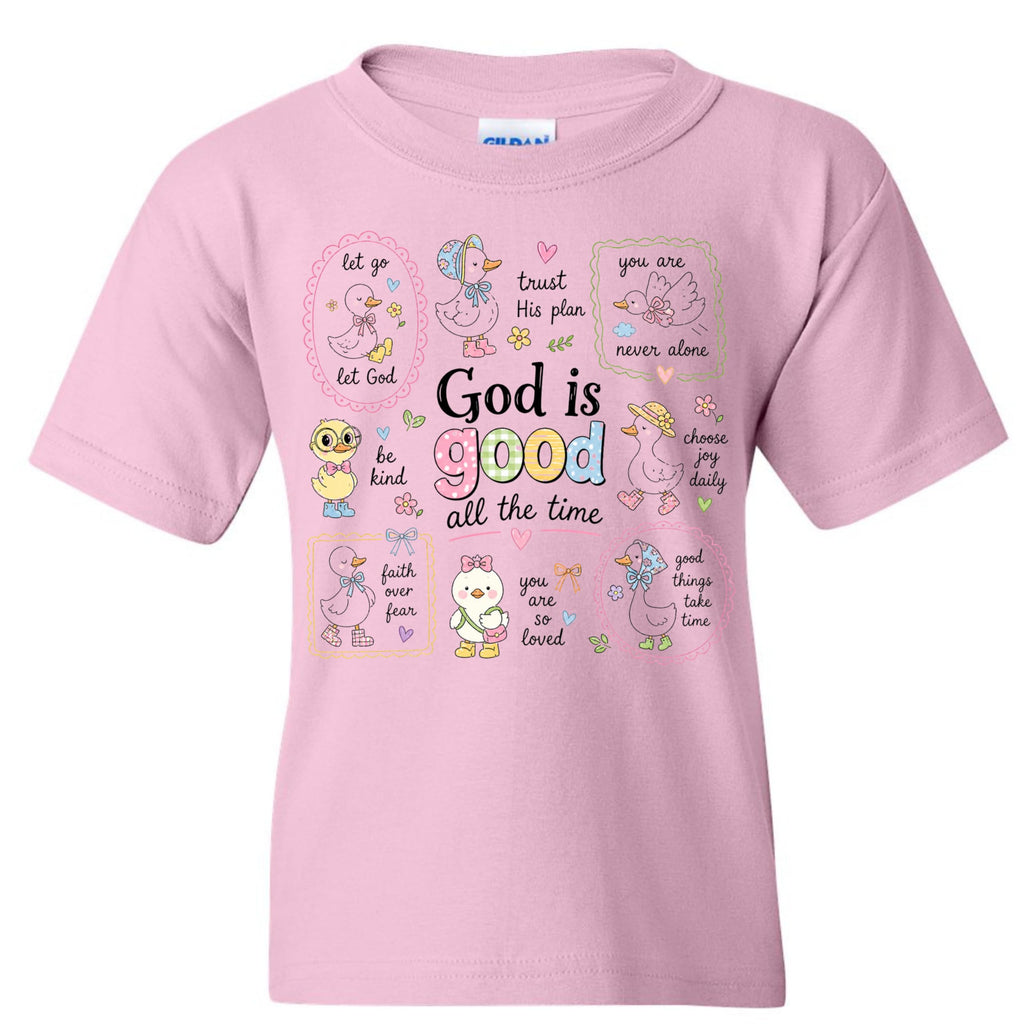 God is Good All The Time Shirt for Girls, Christian Graphic Tee, Faith Based Kids T-Shirt, Cute Duck Graphic