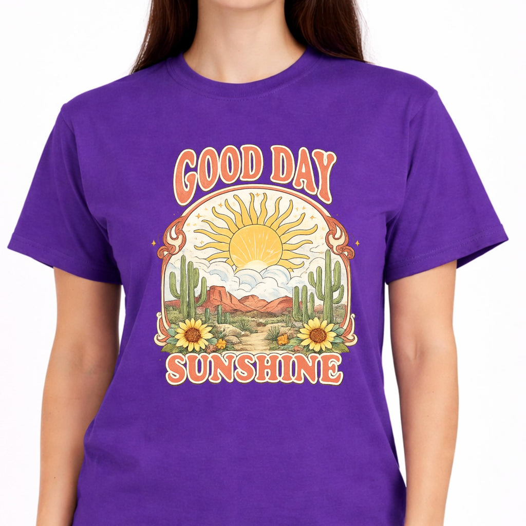 Good Day Sunshine Graphic T-Shirt for Women, Soft Cotton, Vintage Boho Desert Sun Cactus Floral Design, Summer