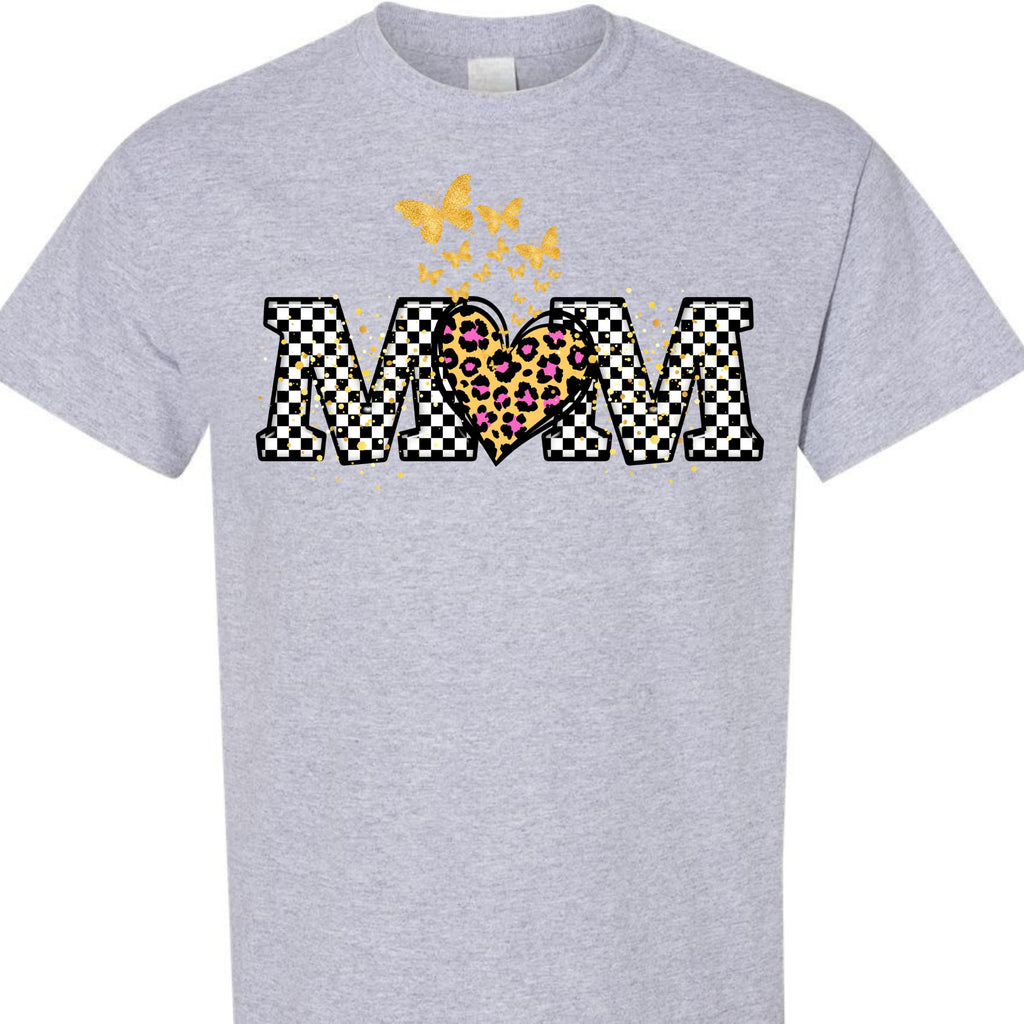 Butterfly Leopard Heart Checkered Mama Graphic T-Shirt for Women