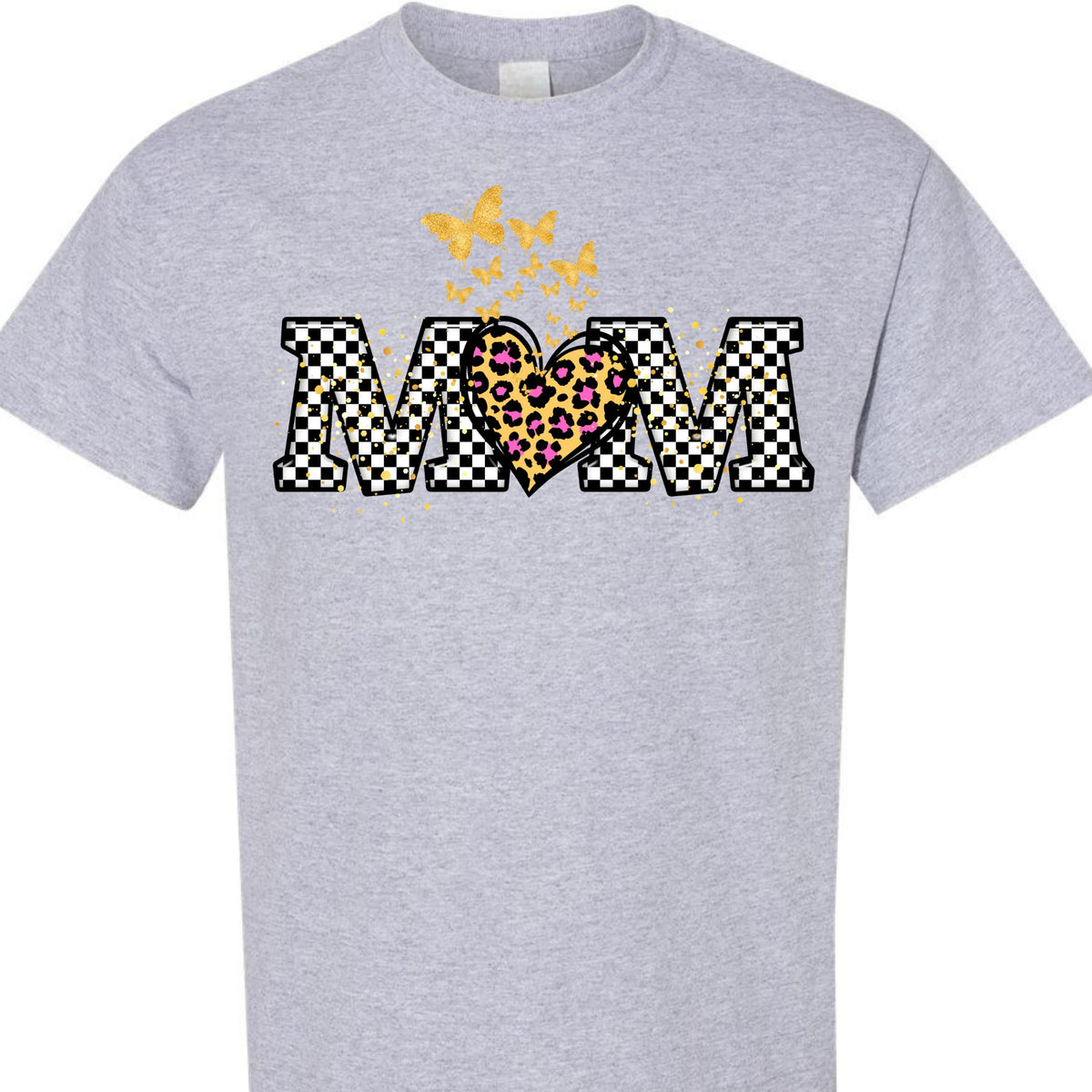 Butterfly Leopard Heart Checkered Mama Graphic T-Shirt for Women