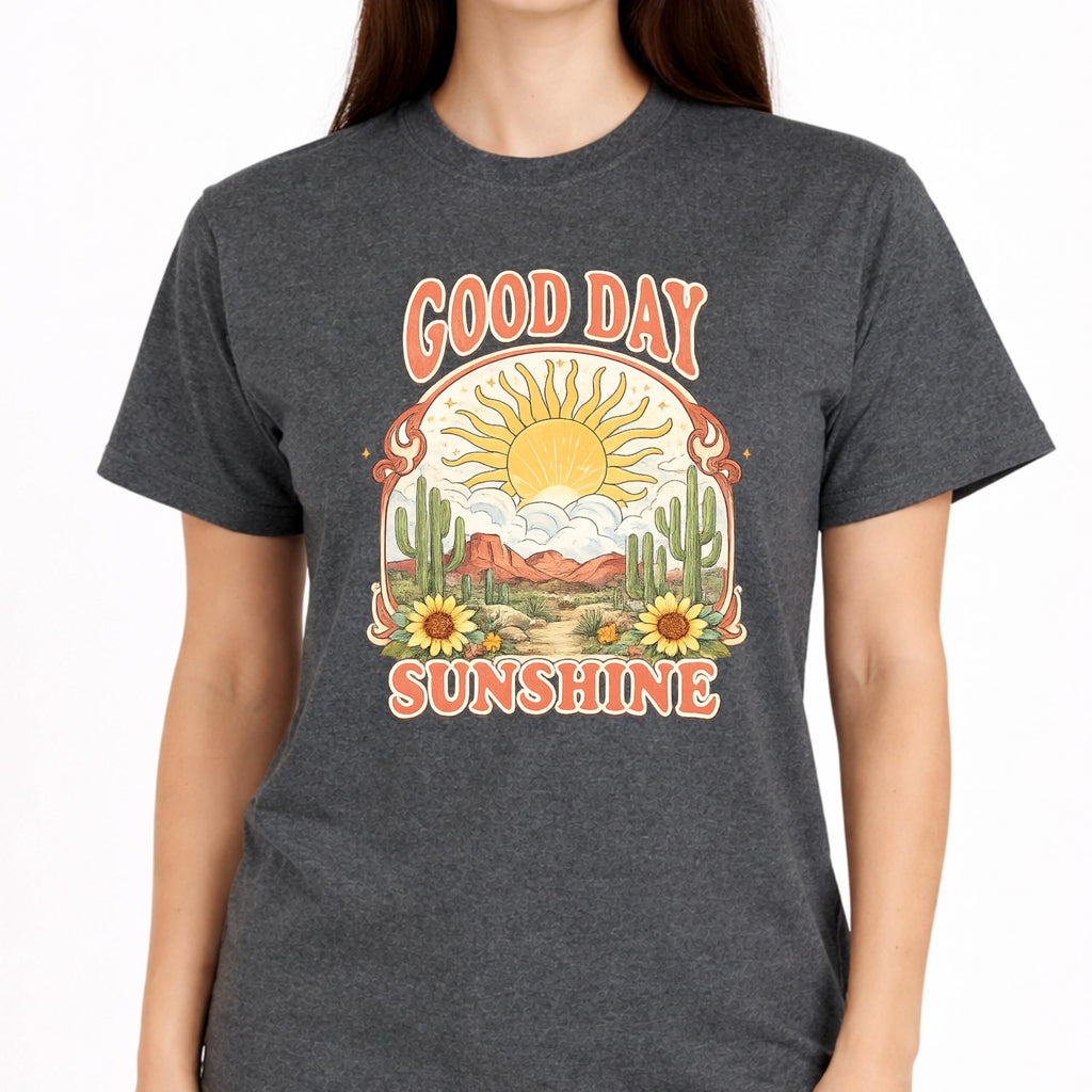 Good Day Sunshine Graphic T-Shirt for Women, Soft Cotton, Vintage Boho Desert Sun Cactus Floral Design, Summer