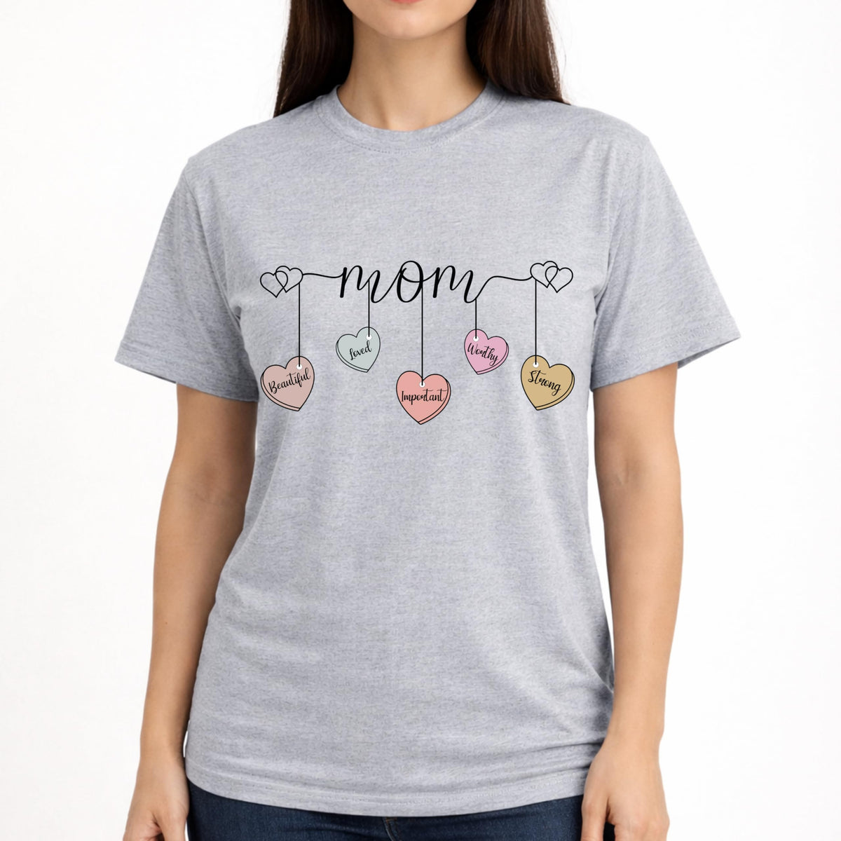 Mom Shirt with Hanging Heart Charms, Cute Mother Graphic T-Shirt, Gift for Mom, Soft Casual Women’s Tee