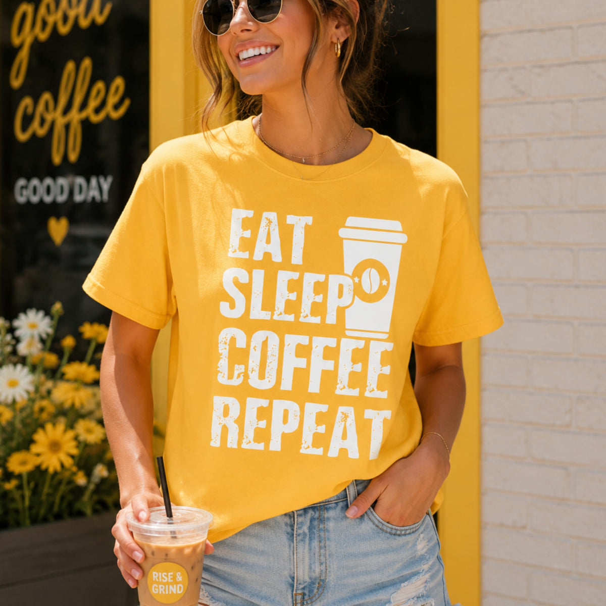 Eat Sleep Coffee Repeat Graphic Tee, Funny Caffeine Addict Quote Shirt for Women and Men, Trendy Barista Coffee Lover Gift