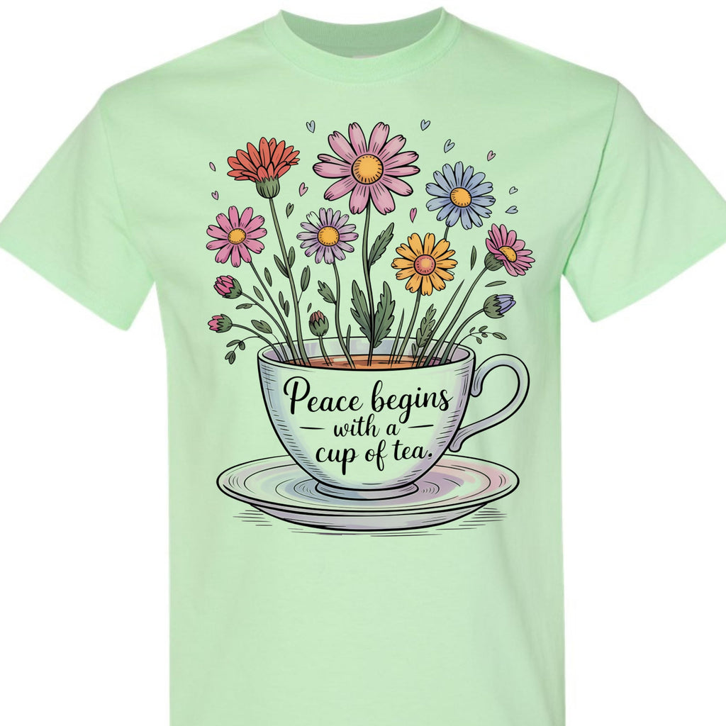 Tea Lover Graphic T-Shirt, Peace Begins with a Cup of Tea Floral Quote Tee