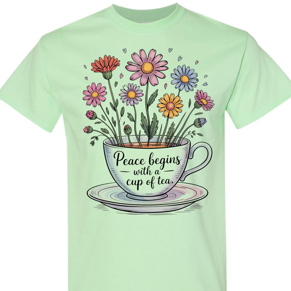 Tea Lover Graphic T-Shirt, Peace Begins with a Cup of Tea Floral Quote Tee