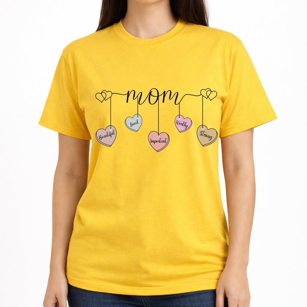 Mom Shirt with Hanging Heart Charms, Cute Mother Graphic T-Shirt, Gift for Mom, Soft Casual Women’s Tee