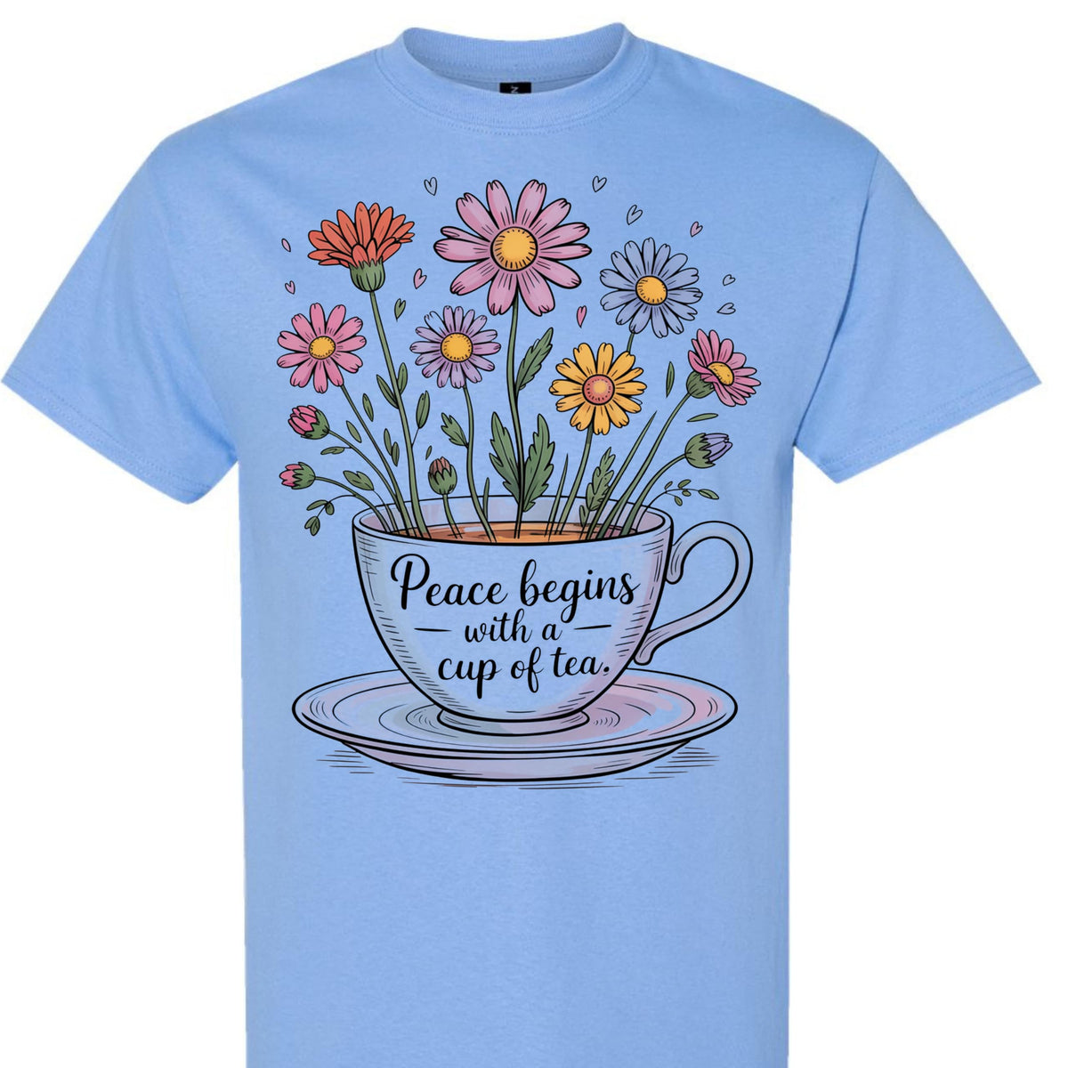 Tea Lover Graphic T-Shirt, Peace Begins with a Cup of Tea Floral Quote Tee