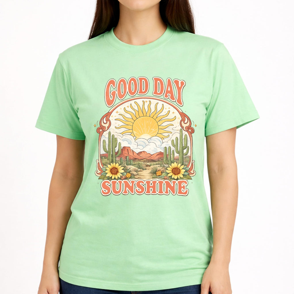 Good Day Sunshine Graphic T-Shirt for Women, Soft Cotton, Vintage Boho Desert Sun Cactus Floral Design, Summer