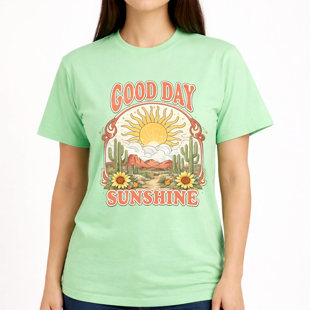 Good Day Sunshine Graphic T-Shirt for Women, Soft Cotton, Vintage Boho Desert Sun Cactus Floral Design, Summer