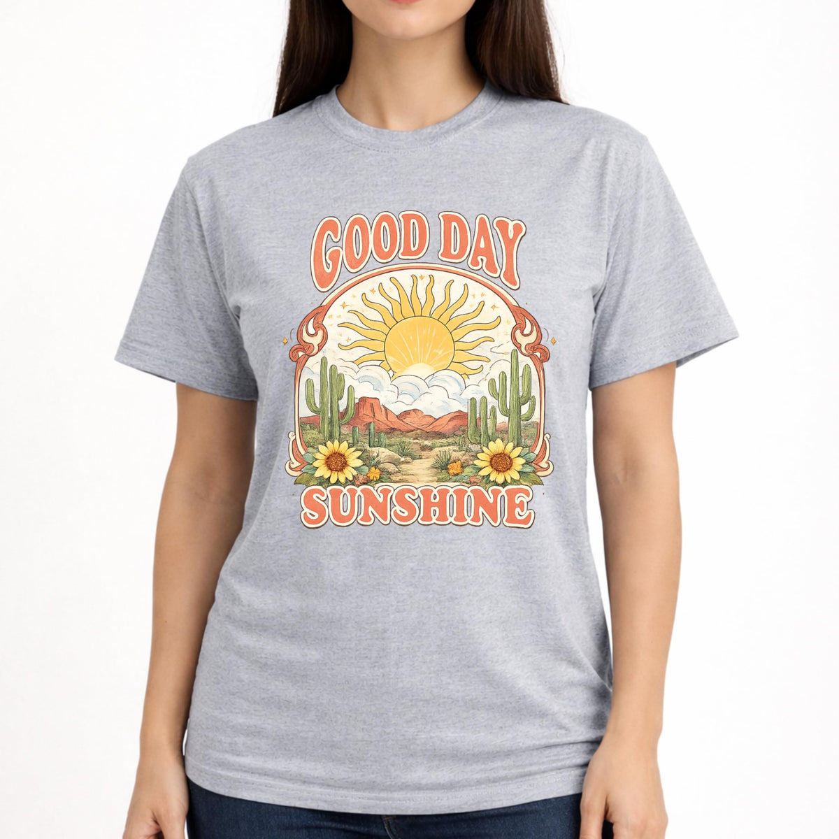 Good Day Sunshine Graphic T-Shirt for Women, Soft Cotton, Vintage Boho Desert Sun Cactus Floral Design, Summer