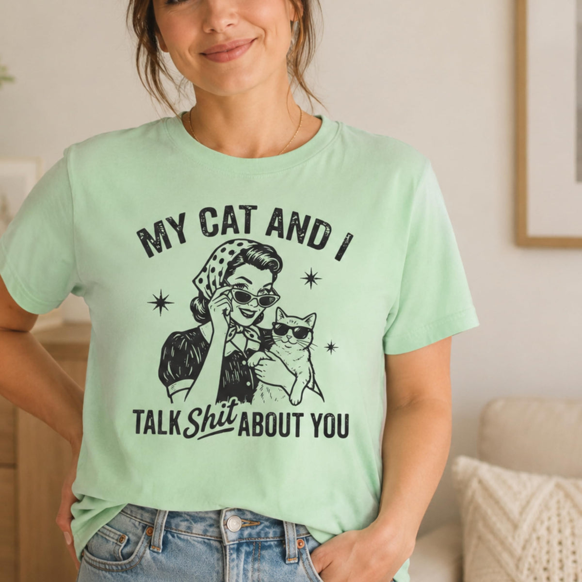 Funny Cat Shirt for Women, My Cat and I Talk Shit About You Graphic Tee, Retro Cat Mom T-Shirt, Sarcastic Cat Lover Gift