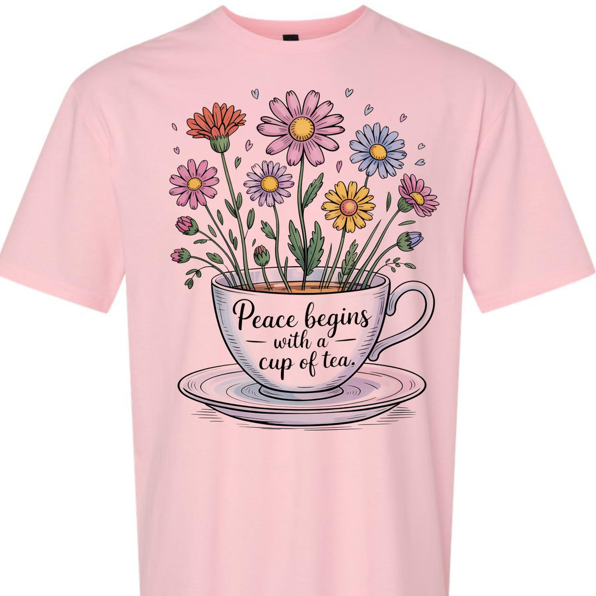 Tea Lover Graphic T-Shirt, Peace Begins with a Cup of Tea Floral Quote Tee