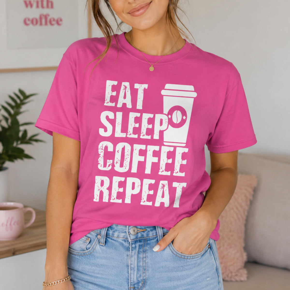 Eat Sleep Coffee Repeat Graphic Tee, Funny Caffeine Addict Quote Shirt for Women and Men, Trendy Barista Coffee Lover Gift