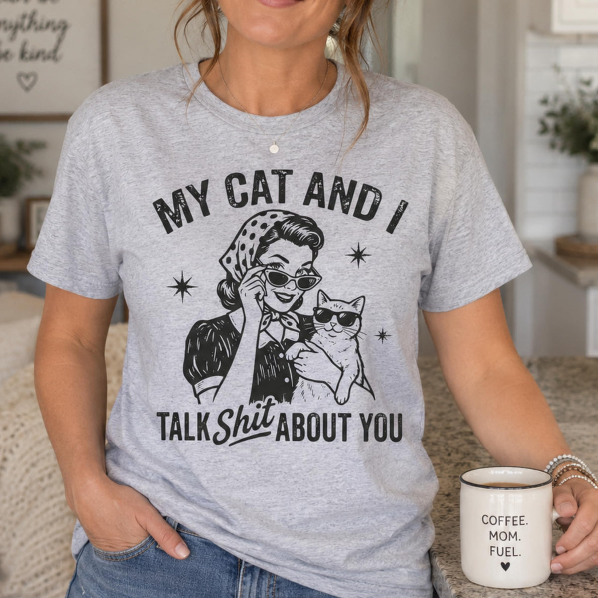 Funny Cat Shirt for Women, My Cat and I Talk Shit About You Graphic Tee, Retro Cat Mom T-Shirt, Sarcastic Cat Lover Gift