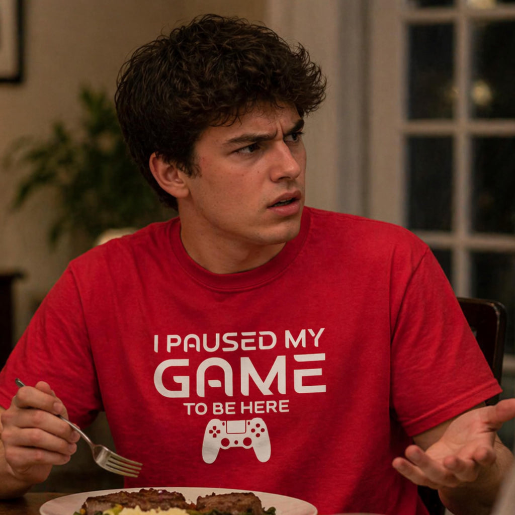 Paused My Game to Be Here Funny Gamer T-Shirt, Casual Graphic Tee for Video Game Fans
