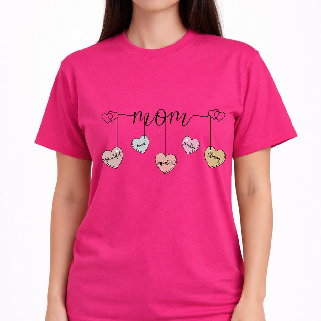Mom Shirt with Hanging Heart Charms, Cute Mother Graphic T-Shirt, Gift for Mom, Soft Casual Women’s Tee
