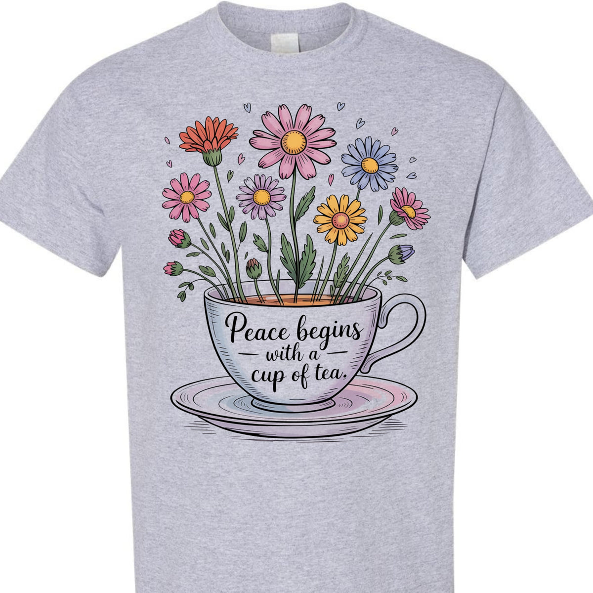 Tea Lover Graphic T-Shirt, Peace Begins with a Cup of Tea Floral Quote Tee