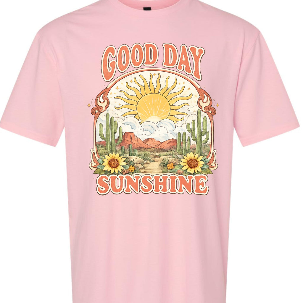 Good Day Sunshine Graphic T-Shirt for Women, Soft Cotton, Vintage Boho Desert Sun Cactus Floral Design, Summer