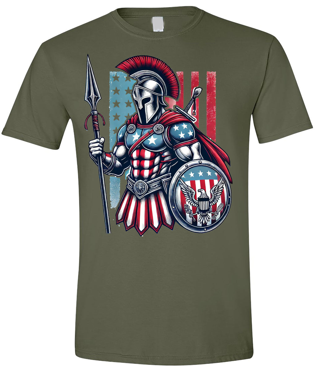 American Spartan Patriotic Graphic T-Shirt, Warrior Design, Men's Size, 4th of July, Memorial Day