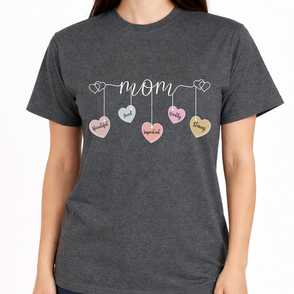 Mom Shirt with Hanging Heart Charms, Cute Mother Graphic T-Shirt, Gift for Mom, Soft Casual Women’s Tee