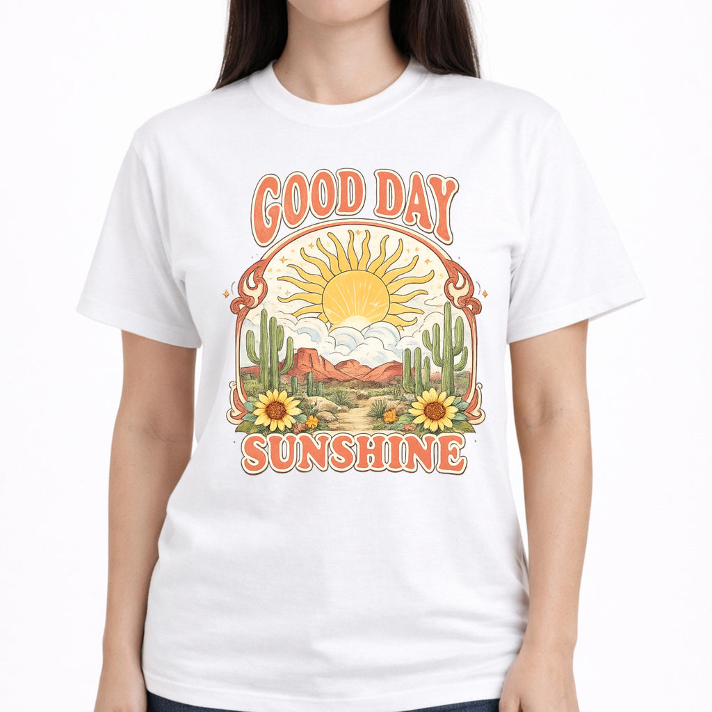 Good Day Sunshine Graphic T-Shirt for Women, Soft Cotton, Vintage Boho Desert Sun Cactus Floral Design, Summer