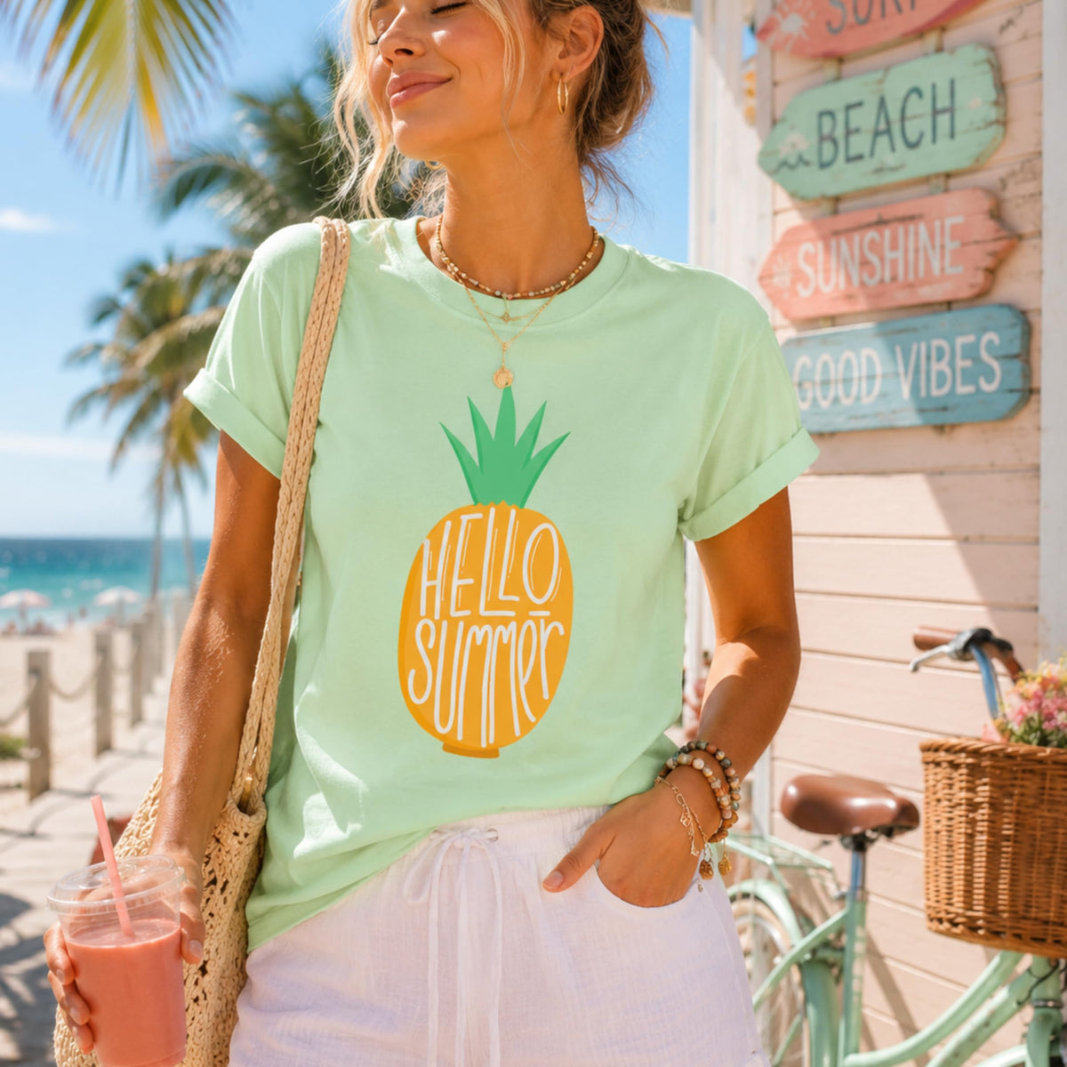 World and Space Summer Vacation Shirt, Cute Pineapple Graphic Tee, Tropical Beach Theme, Minimalist Style