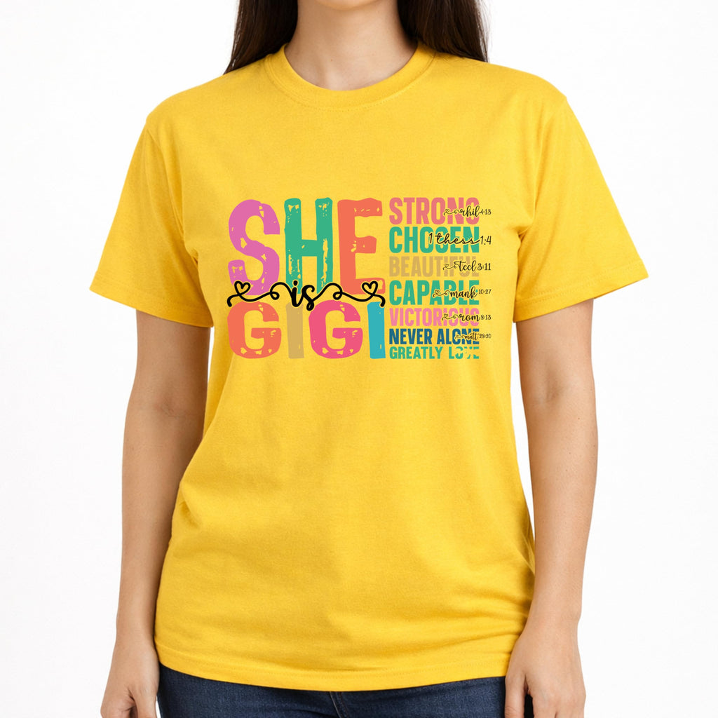 She is Gigi T-Shirt for Women, Christian Grandma Shirt, Faith Based Graphic Tee, Inspirational Bible Verse, Religious Gift