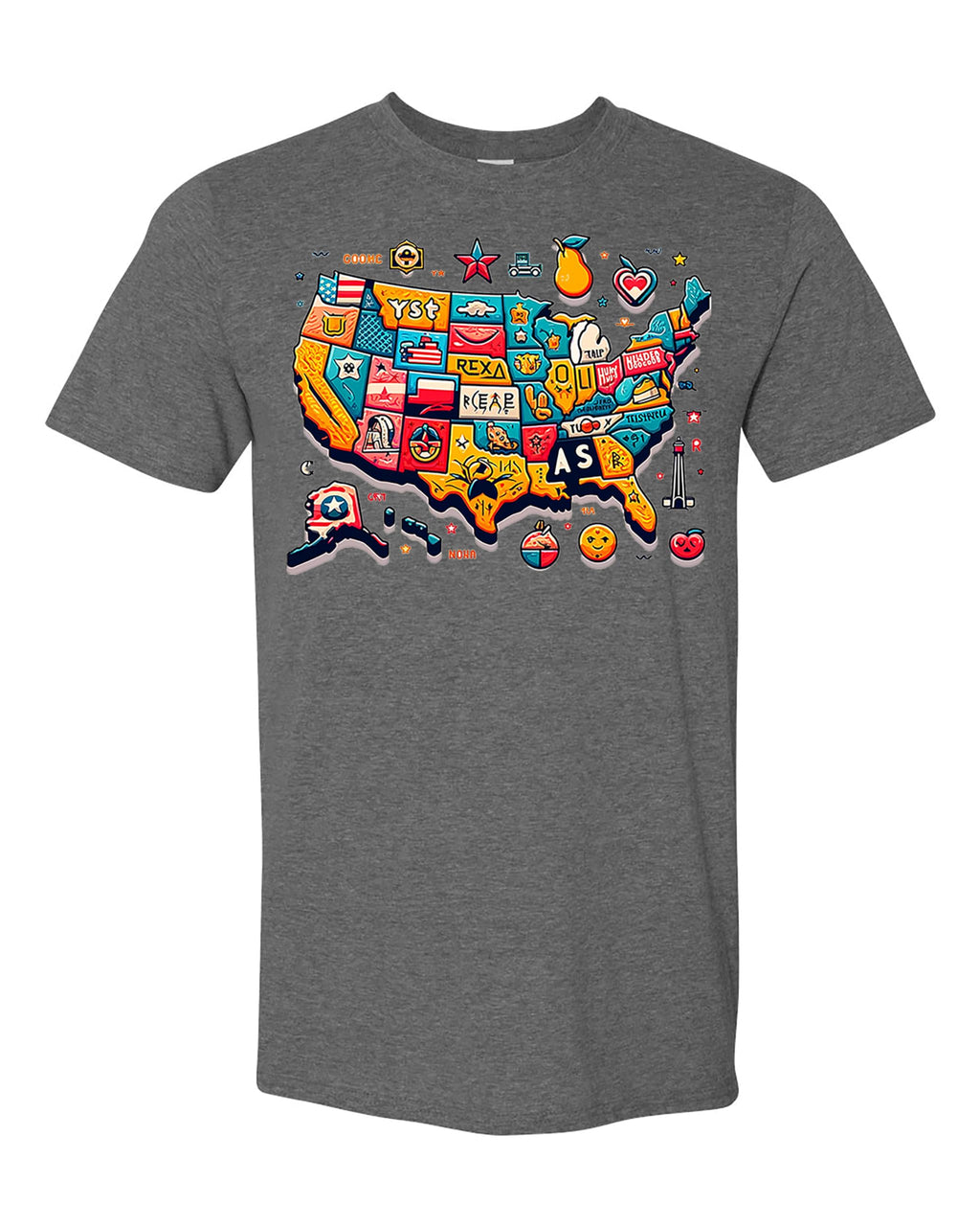 USA State Icons T-Shirt, Unique Map Design with State Symbols, Vibrant Colors, Travel/USA Lovers, Large