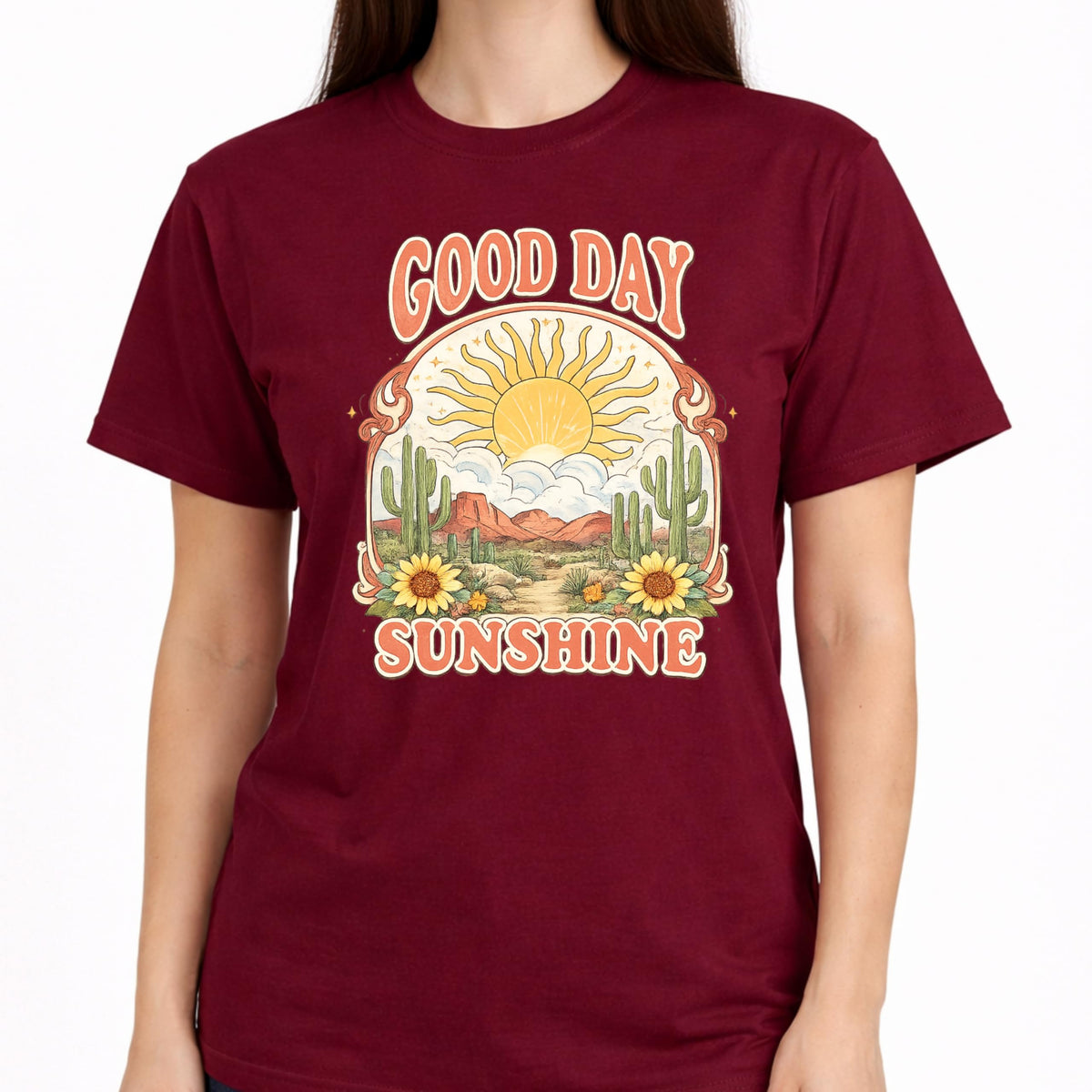 Good Day Sunshine Graphic T-Shirt for Women, Soft Cotton, Vintage Boho Desert Sun Cactus Floral Design, Summer